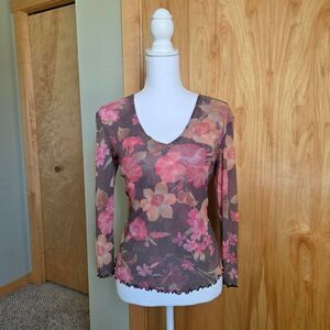 y2k Therapy Sheer floral mesh long sleeve v neck top with lettuce trim